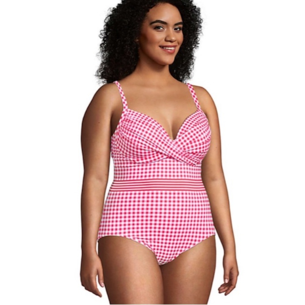 Draper James x Lands End | Pink White Gingham Draped One Piece Swimsuit Size 22W